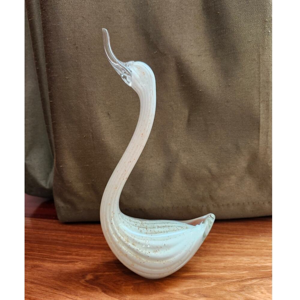 White Gold Flake Murano Glass Swan Paperweight Sculpture Art Glass